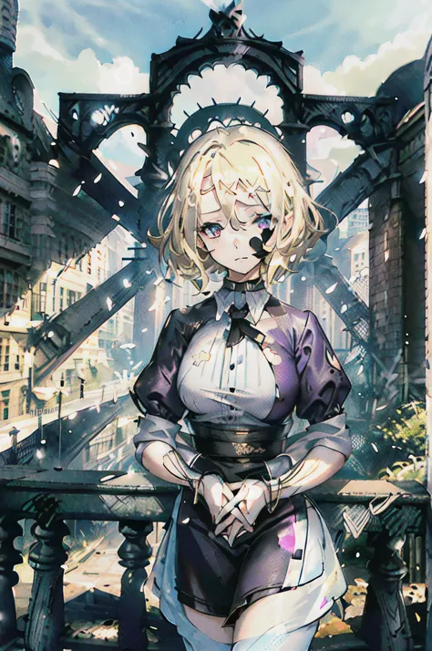 (1woman, mature, blonde layered short hair, purple eyes, waitress clothes, empty hands, friendly face), destroyed city, front view, high res, ultrasharp, 8K, masterpiece, portrait, high detail, symmetrical