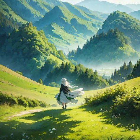 On a green meadow，A beautiful white-haired girl stands。 Broken behind her，A green forest stretches out，mountain in the distance。 Breaking down the effect that works best for this scene is the watercolor technique，Capture the softness of grass and the fluid...