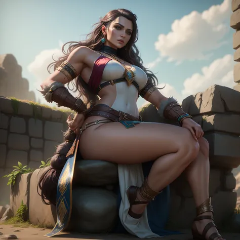 araffe woman in a costume sitting on a stone wall, very beautiful female barbarian, portrait of a barbarian woman, cinematic goddess body shot, portrait of a barbarian female, barbarian warrior woman, fantasy style 8 k octane render, cinematic goddess shot...