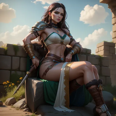 araffe woman in a costume sitting on a stone wall, very beautiful female barbarian, portrait of a barbarian woman, cinematic goddess body shot, portrait of a barbarian female, barbarian warrior woman, fantasy style 8 k octane render, cinematic goddess shot...