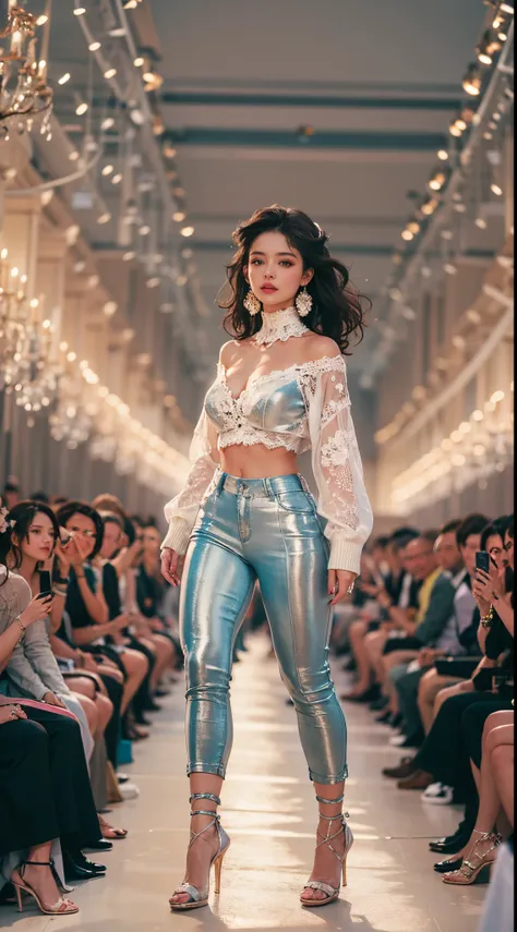 nsfw, 8k, best quality, highres, realistic, real person, A dynamic scene of a female model walking confidently down a runway, surrounded by a large audience under bright lights. The model is elegantly dressed in a high-fashion outfit, with the spotlight fo...