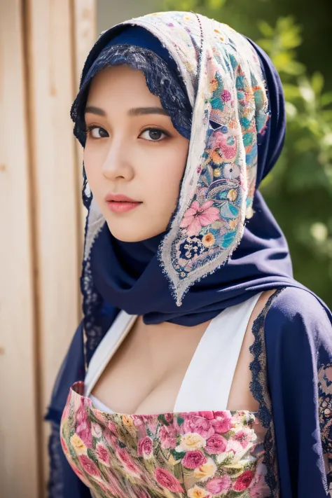 top-quality,Beautiful detailed hijabi,Bewitching face,mongol teen model,long lashes,Wearing a colorful (naked_apron),Hide your mouth with a lace cloth,Detailed details,Colossal tits,With cleavage,stares at the camera