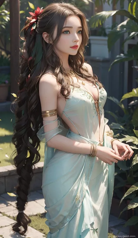 aerith gainsborough,a girl,wearing an elegant 100% transparent saree,curly long hair,deep green eyes,shiny red lips,brown skin,lotus flower in her hair,bindi on forehead,palms decorated with henna,in a blooming garden,bright colorful flowers,green grass,bl...