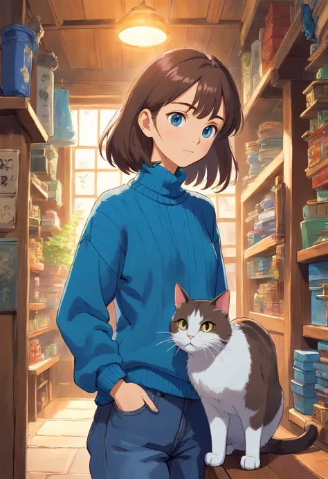 Girl in blue sweater looking sideways at cat wearing jeans