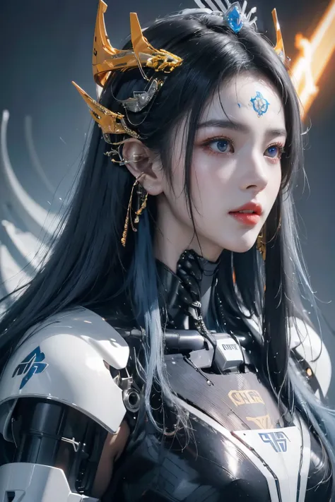 tmasterpiece,Best quality at best,A high resolution,8K,(portrait),(Close up of avatar),(RAW photogr),real photograph,digital photography,(cyberpunk queen),20岁女孩,long whitr hair,By bangs,(Black and blue gradient hair),(Glowing red eyes),Devil Eyes,Serious a...