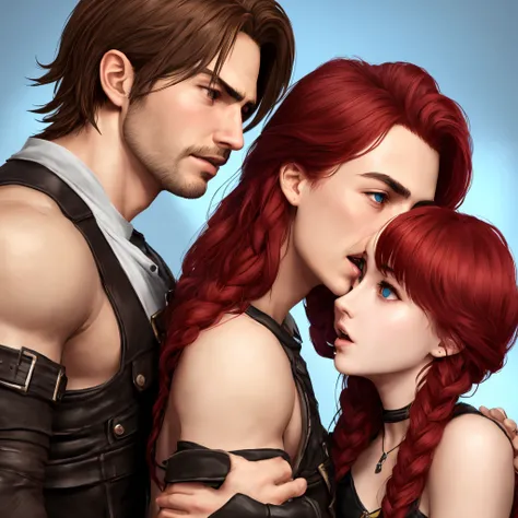 Leon s Kennedy making out with a girl with long red hair with bangs