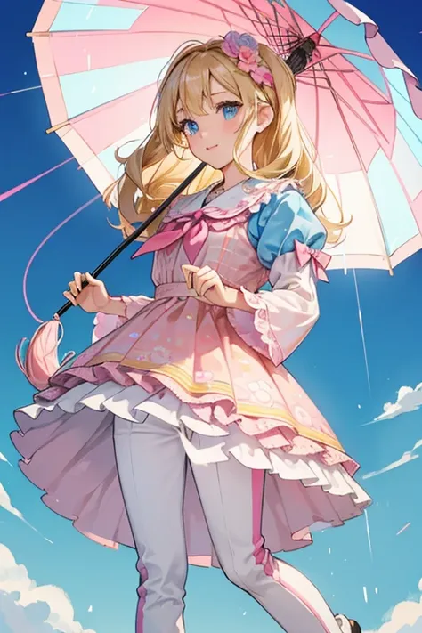 Yuko has wavy blonde hair, thin eyebrows, and pink eyeshadow. She wears a blue dress with floral patterns and pink lines, a white neckerchief, white, tri-layered sleeves, white pants, and pink wingtip shoes with light gray laces and soles. She also carries...