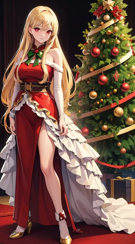 (best quality,ultra-detailed,realistic:1.37),full body,beautiful detailed long blonde hair,beautiful detailed red eyes,christmas-themed clothing,christmas tree,masterpiece:1.2,daytime lighting