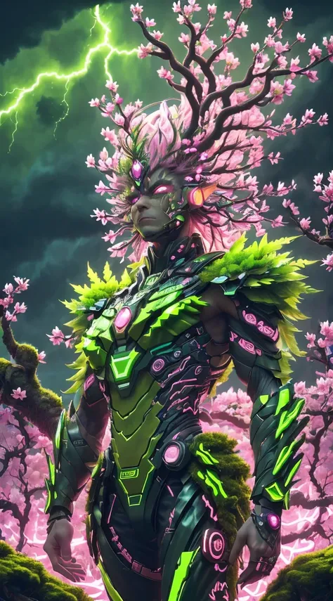 A queen，(Cyberpunk Treeman)，metal leaf，Wired branch，glowing light eyes，mechanical bark，bark covered with moss，tribe outfit，standing on top of a mountain，(ancient tribal markings)，Control the tendrils extending from the arms，Neon lights dance on the body，(L...