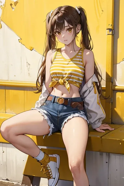 Utah has fair skin and brown shoulder-length hair in pigtails held by yellow bands. She wears a yellow and white-striped beach shirt tied up the waist that exposes her midriff, denim cutoff jeans with a brown rope belt around her waist, and white shoes wit...