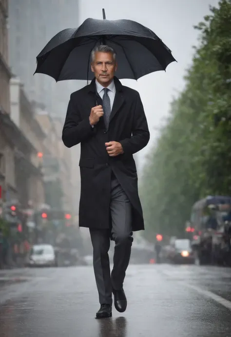 one business man age 40 yers old, handsome, walking on the road in the city, holding black umbrella, tan skin, grey hair, morning rain, dslr, full body.