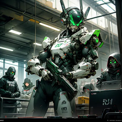 Security droids, holding stun rifles, aiming down sights, advanced robots, pursuing a target, robot swat teams, actively shooting, technologically advanced facility, ai security personnel, slim endoskeleton, apex legends spectre, mil-spec, white and green ...