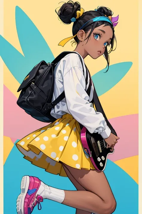 Zoe has dark skin and black hair split into two side buns adorned by a blue headband with yellow and pink spots. She wears an off-white long-sleeved shirt with blue accents and a skirt of the same design as her headband, a dark maroon backpack where her gu...