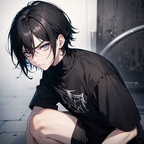 Emo, anime, boy, black hair, goth, dark colors, dark clothes, short hair, dark eyes, grumpy.