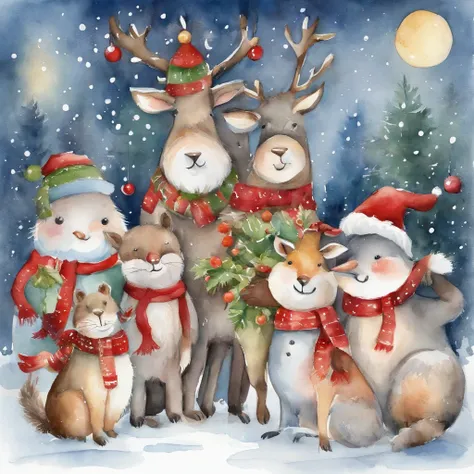 christmas cute animals children christmas illustration postcard style christmas party