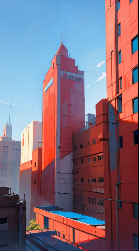 Realistic Red building with blue sky with city background