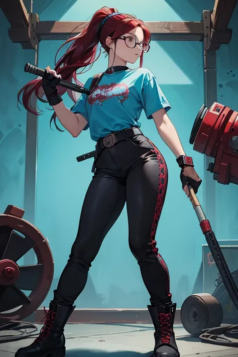 wendy has tanned skin, and long, maroon hair tied in a ponytail held by a turquoise blue hairband, black and blue half-rimmed glasses, a blue shirt with black gears printed on it, black pants held by a maroon belt holding a hammer and wrench, maroon moccas...