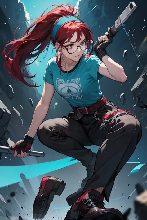 wendy has tanned skin, and long, maroon hair tied in a ponytail held by a turquoise blue hairband, black and blue half-rimmed glasses, a blue shirt with black gears printed on it, black pants held by a maroon belt holding a hammer and wrench, maroon moccas...