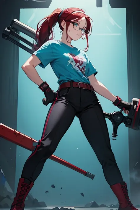 wendy has tanned skin, and long, maroon hair tied in a ponytail held by a turquoise blue hairband, black and blue half-rimmed glasses, a blue shirt with black gears printed on it, black pants held by a maroon belt holding a hammer and wrench, maroon moccas...