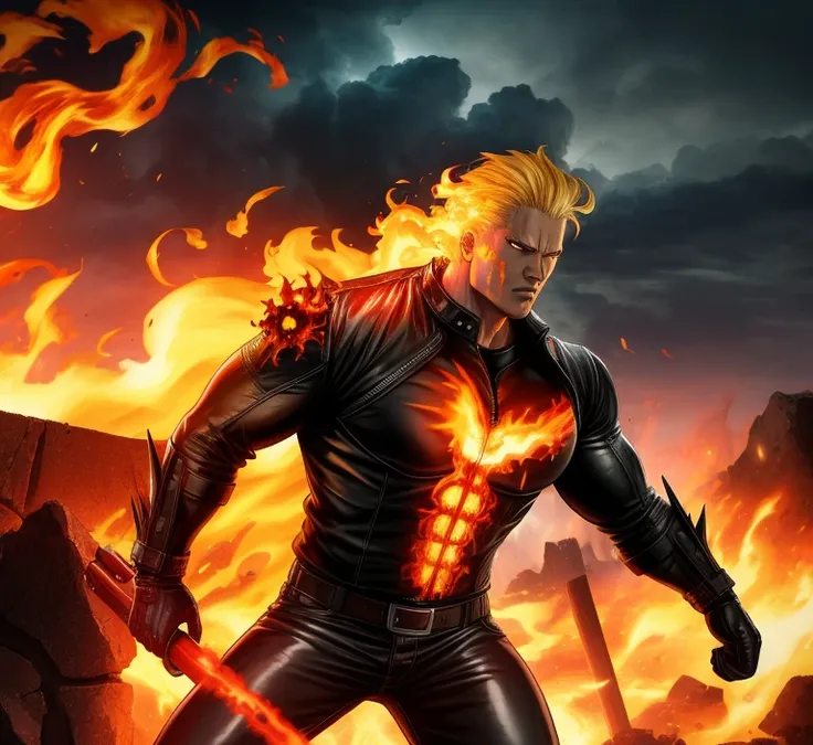 super visually muscular ghost rider with lots of fire fighting, background: battlefield and thunderclouds, badass fight