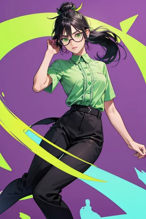 Petrona has dark skin and long black hair tied up in a pony-tail with a lime green and dark green band and wears round purple glasses. She wears a lime green shirt with purple buttons and a dark green inside, a turquoise skirt with purple swirl patterns ov...