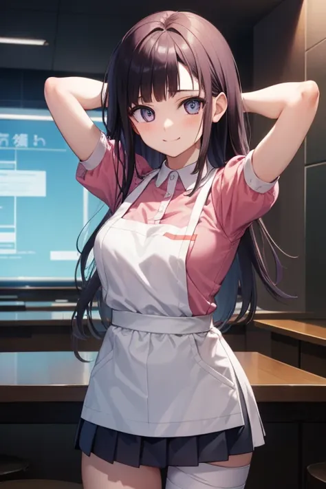 mikantsumiki, mikan tsumiki, long hair, purple hair, (purple eyes:1.1), bangs, blunt bangs, smile, shy
BREAK apron, bandaged leg, bandages, collared shirt, miniskirt, pink shirt, pleated skirt, puffy short sleeves, puffy sleeves, shirt, short sleeves, skir...