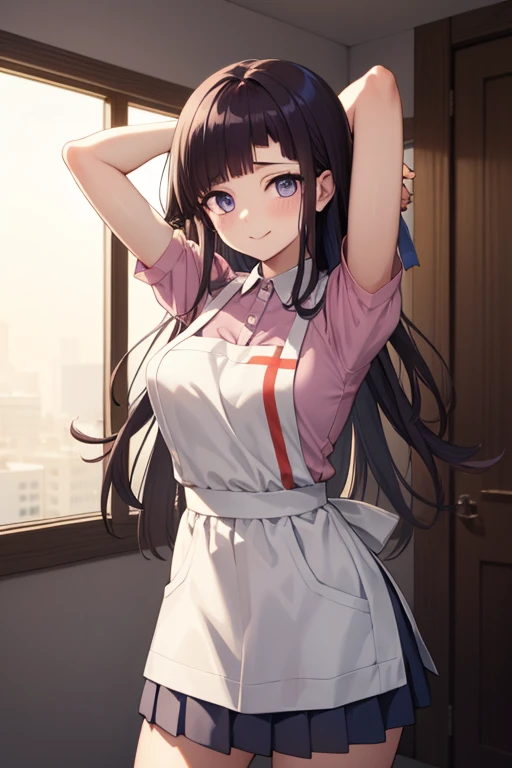 mikantsumiki, mikan tsumiki, long hair, purple hair, (purple eyes:1.1), bangs, blunt bangs, smile, shy
break apron, bandaged leg...