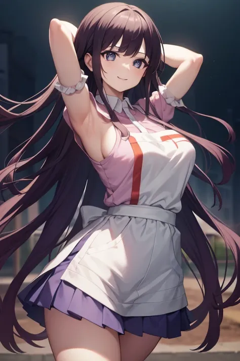 mikantsumiki, mikan tsumiki, long hair, purple hair, (purple eyes:1.1), bangs, blunt bangs, smile, shy
BREAK apron, bandaged leg, bandages, collared shirt, miniskirt, pink shirt, pleated skirt, puffy short sleeves, puffy sleeves, shirt, short sleeves, skir...