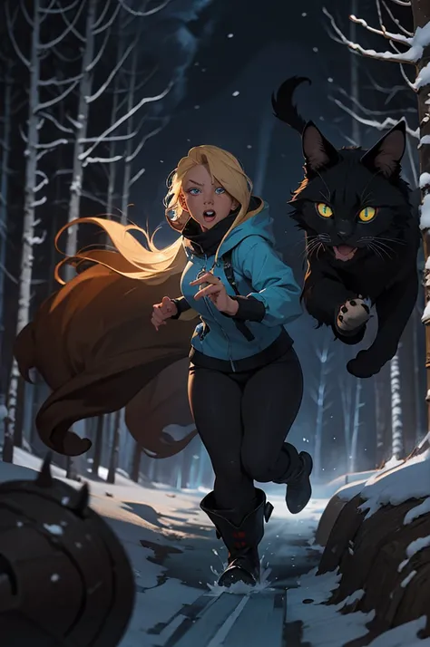 Classic horror painting. Blonde woman with angular face and piercing blue eyes, wearing a hooded parka, running toward the viewer through a blizzard in a birch forest. BREAK. Chased by gigantic shaggy black cat with burning eyes.