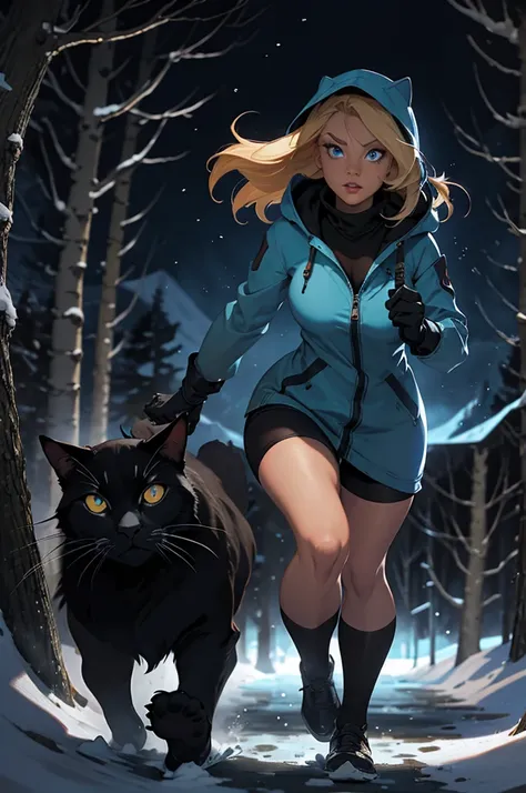 Classic horror painting. Blonde woman with angular face and piercing blue eyes, wearing a hooded parka, running toward the viewer through a blizzard in a birch forest. BREAK. Chased by gigantic shaggy black cat with burning eyes.