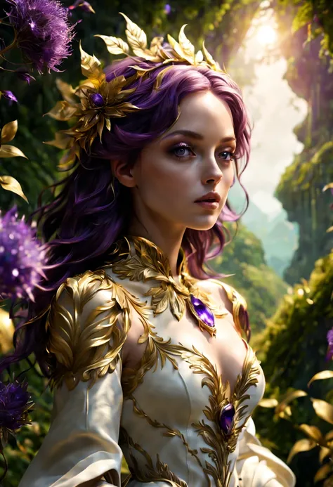 (Plant Girl, nature theme:1.4), nature, Royal Purple, pale gold sparkle, crisp linen white, (best composition), ultra-wide-angle, octane render, enhance, intricate, (best quality, masterpiece, Representative work, official art, Professional, unity 8k wallp...