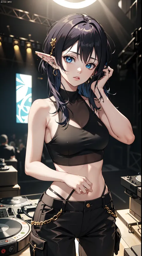 (masterpiece), (best quality), (ultra detailed), (illustration), Concept Art, Cinematic Lighting, Elf as dj player, (elf), (1girl), beautiful detailed eyes, deep blue eyes, delicate beautiful face, (shaved hair), Cargo Pants and Tank Top, Various accessori...