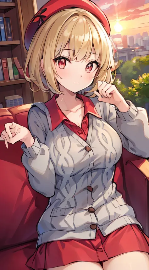 (masterpiece,best quality,highres,8k,ultra detailed,super fine illustration),nsfw,looking away,upper body,girl,blonde short hair,wavy hair,blunt bangs,ahoge,(red eys),sparkling pupils,(gray basque beret),(gray polo shirt inside red cable knit cardigan), sw...