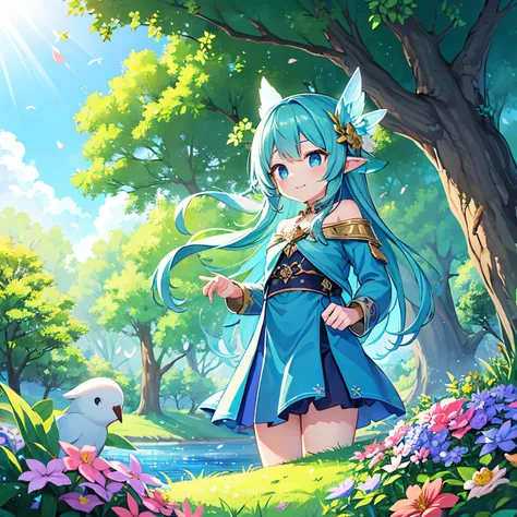 finest image, fantasy, a cute girl who uses magic to grow trees and flowers in the forest, birds, blooming flowers, falling petals and leaves, water shower, sunlight filtering through the trees, fairies, blue skies, gold dust