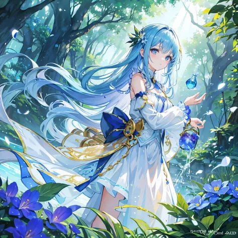 finest image, fantasy, a cute girl who uses magic to grow trees and flowers in the forest, birds, blooming flowers, falling petals and leaves, water shower, sunlight filtering through the trees, fairies, blue skies, gold dust