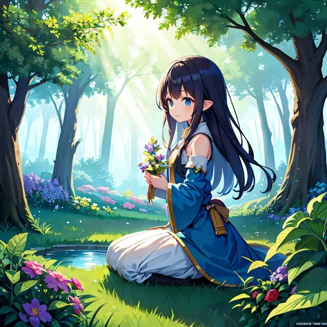 finest image, fantasy, a cute girl who uses magic to grow trees and flowers in the forest, water shower, gold dust, sunlight filtering through the trees, fairies, birds, blue skies