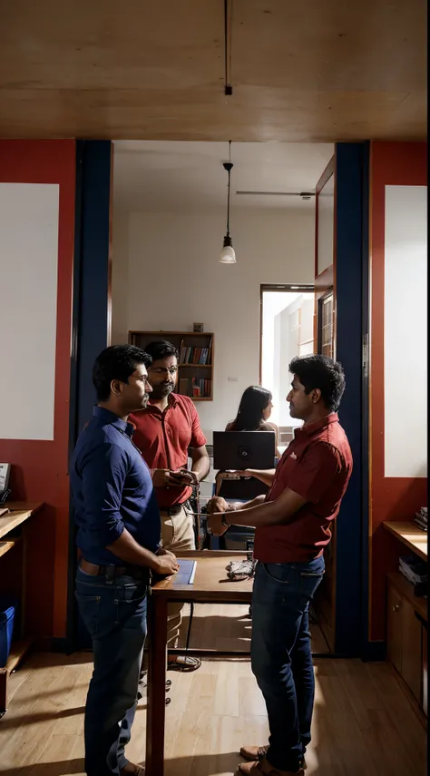 Realistic Indian group of architects designing together in red and blue office, planing Envision a well-organized construction site. the ambiance of the room is pristine and exudes an aura of professionalism and dedication to craftsmanship.