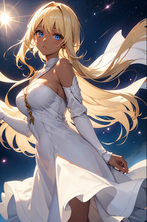 Female, Hime Cut Blonde hair, Blue eyes, dark brown skin, large breasts, wearing a formal white dress. The sun behind with a space background