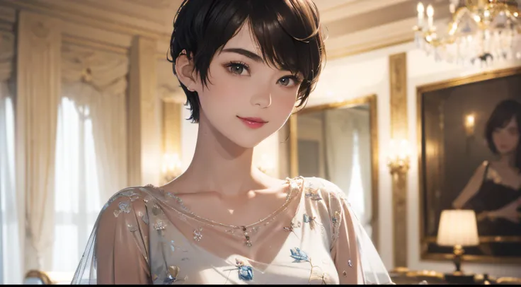 123
(a 20 yo woman,is standing), (A hyper-realistic), (high-level image quality), ((beautiful hairstyle 46)), ((short-hair:1.46)), (Gentle smile), (breasted:1.1), (lipsticks), (florals), (Luxurious room), (Depth of field is deep), (Modern)