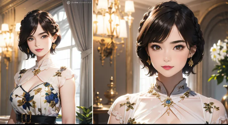 123
(a 20 yo woman,is standing), (A hyper-realistic), (high-level image quality), ((beautiful hairstyle 46)), ((short-hair:1.46)), (Gentle smile), (breasted:1.1), (lipsticks), (florals), (Luxurious room), (Depth of field is deep), (Modern)