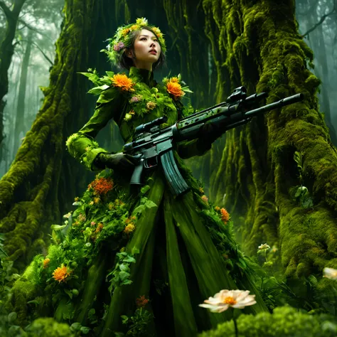 middle，(a girl made of fresh，Holding a sniper rifle made of plants and aiming at the target，Sniper rifle made from green plants，Body covered with flowers and plants，plant high heels，Plant hair，Plant clothes），blossoms，age-old tree，ln the forest，（globalillum...