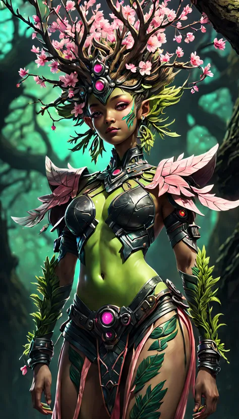 (A queen)，(Cyberpunk Treeman)，metal leaf，Wired branch，glowing light eyes，mechanical bark，bark covered with moss，tribe outfit，majestic figure，(ancient tribal markings)，Control the tendrils extending from the arms，Neon lights dance on the body，(Lightning aro...