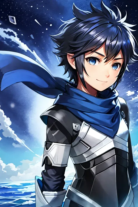 (high-quality, breathtaking),(expressive eyes, perfect face), 1boy, male, solo, armor, blue scarf, young boy, dark auburn hair, brown color hair , deep blue coloured eyes,( watercolor (medium), blue sky background, water, small smile