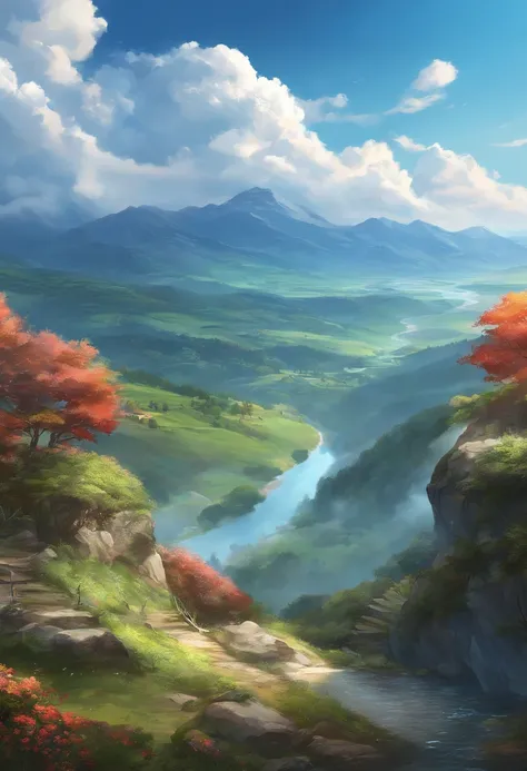 ((Anime Landscape Wallpaper: 1.2, width 672, Beautiful UHD 4K art: 0.8), (Anime Village Landscape, The Nature of Anime, the anime), Anime Cloud, landscape artwork, Epic landscape), (anime art style, Detailed landscape, Beautiful fluffy clouds: 1.2, Landsca...