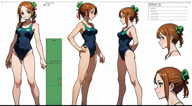 ((Best Quality)), ((Masterpiece)), ((Realistic)) 19 year old, redhead girl, shoulder length hair, ((hair ribbon)), ((big happy smile )), ((( light green one piece swimsuit ))), ((slender)), (busty), ((sexy )), bun hairstyle, (((detailed character sheet, fr...