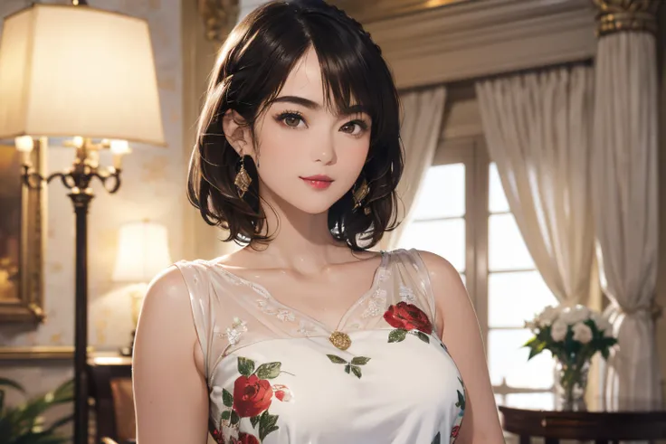 123
(a 20 yo woman,is standing), (A hyper-realistic), (high-level image quality), ((beautiful hairstyle 46)), ((short-hair:1.46)), (Gentle smile), (breasted:1.1), (lipsticks), (florals), (Luxurious room), (Depth of field is deep), (Modern)