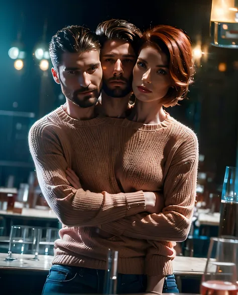 (((2heads))),1man with short dark hair and beard next to a pale red headed woman, at a club, , (Best Quality, 8k, Masterpiece: 1.3), Clear Focus: 1.2, Perfect Body Beauty: 1.4 , Slender Abs: 1.2, Highly detailed face and skin texture, detailed eyes, , fema...