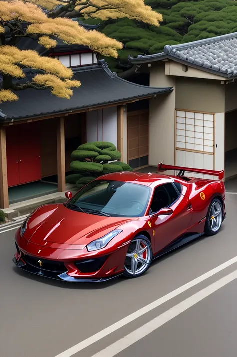 Japanese beautiful girl with uniform doing to school by red Ferrari  sportcar, sakura trees blouson around near japanese shrine