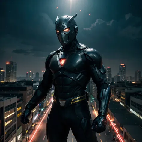 (best quality,4k,8k,highres,masterpiece:1.2),ultra-detailed,realistic,action-packed,tokusatsu,crime-fighting superhero in armored suit,alien-invasion battling scene,high-tech weaponry and gadgets,cityscape with skyscrapers and neon lights,powerful explosio...