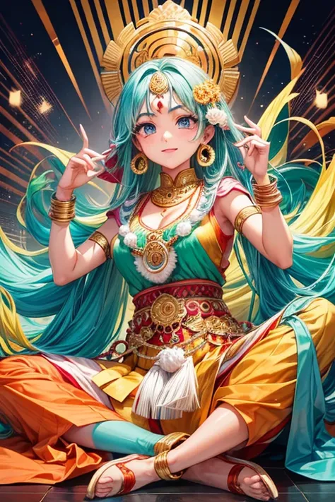 "Design an anime character that embodies Indias rich culture and diversity. Blend traditional attire, vibrant colors, and iconic symbols to reflect the countrys beauty. Capture Indias warmth and dynamism in the characters personality."